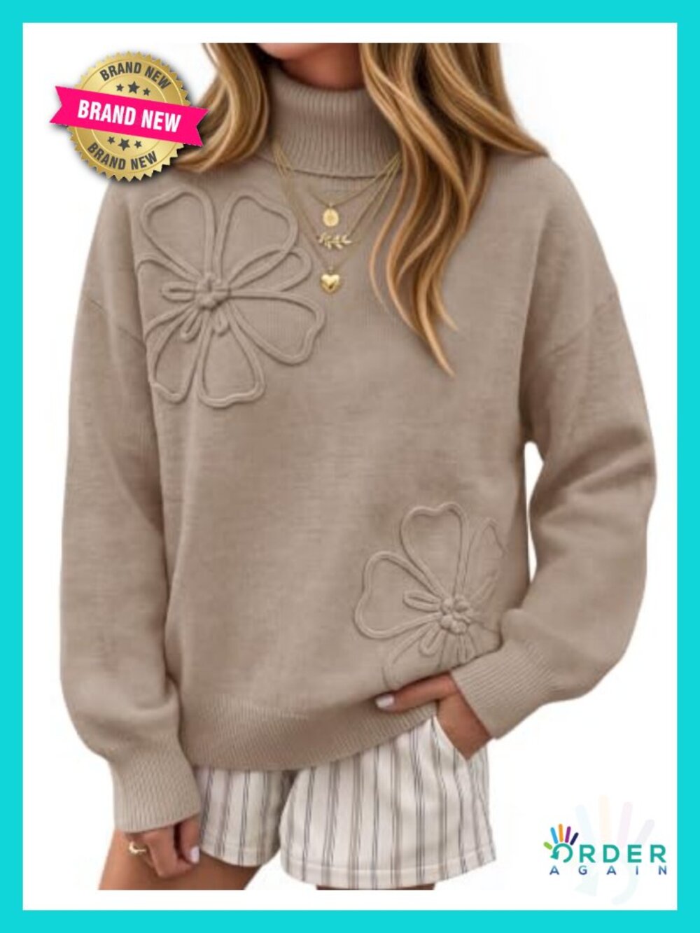 Women's Fall Turtleneck Floral Pullover Sweater, Cozy Long Sleeve Knit Top, 3D